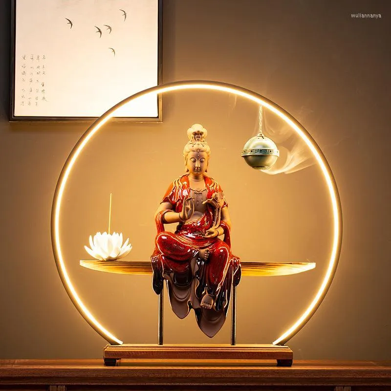 Duftlampen Buddha Rückfluss Weihrauchbrenner LED Licht Lila Sand Keramik Rauch Wasserfall Sticks Halter mit 20 Stück Kegel Home Decor