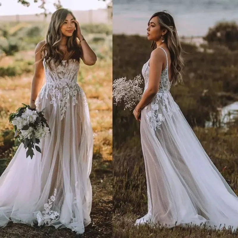 Lindo boho vestidos de casamento vestido de noiva renda applique tule sem mangas cintas de espaguete varredura trem uma linha feito sob encomenda vestido de novia plus size