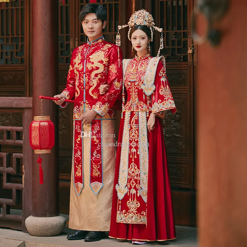 Casal roupas étnicas luxuoso vestido de noiva chinês de luxo qipao elegante fantasia no exterior estilo chinês noivo bordado bordado cheongsam