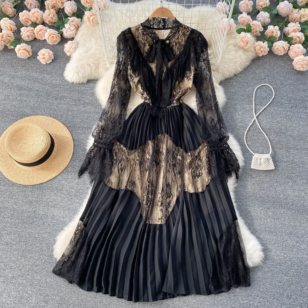Autumn Fashion Black Lace Dress Women Bow Collar, Long Flare Sleeves,  Hollow Out Stitching, Pleated Elegant Party Vestidos 2025 From Join3,  $37.38 In Bulk | DHgate.Com