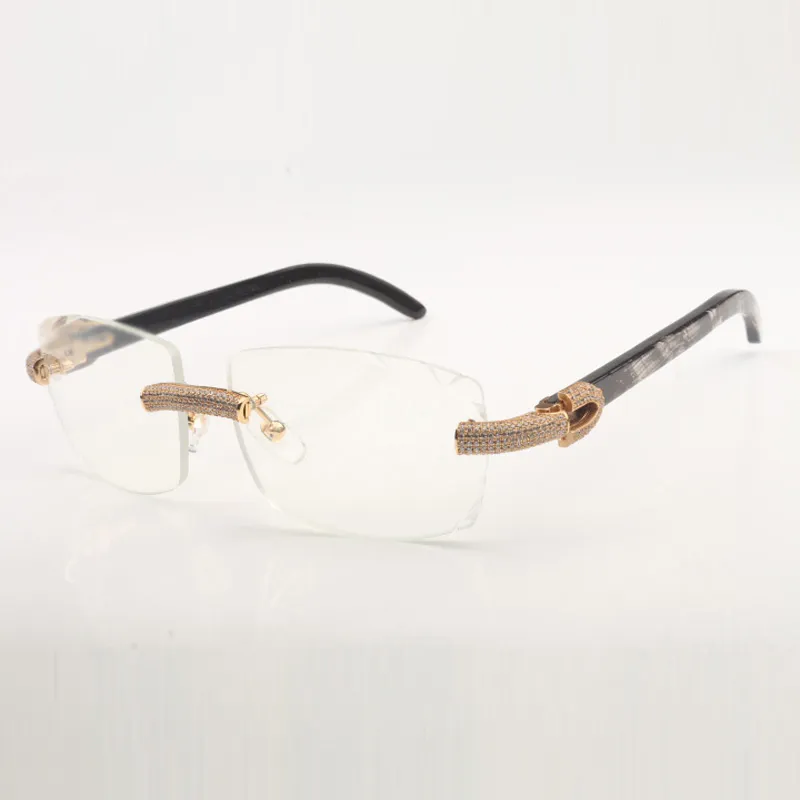 Micro pav￩s de lunettes de soleil Diamond Buffs Frames 3524015 avec des jambes de corne de buffle naturelles et 57 mm lentille transparente