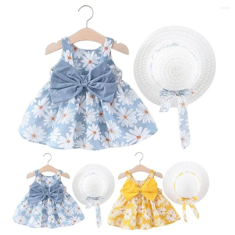 Vestidos de menina verão moda de moda baby princesa roupas fofas de 2pcs set partido de algodão flor das crianças chapéu de arco sem mangas 1-3y
