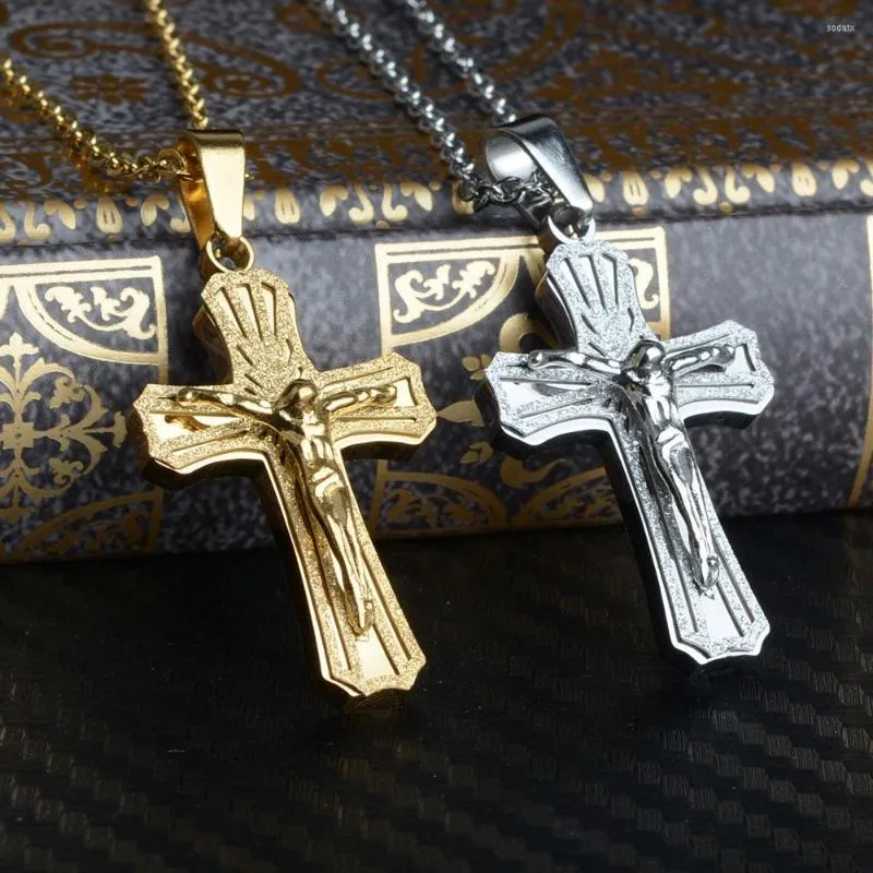 Pendentif Colliers Hommes Chaîne Bijoux Chrétiens Cadeaux Vintage Croix INRI Crucifix Jésus Pièce Collier Or Couleur Acier Inoxydable