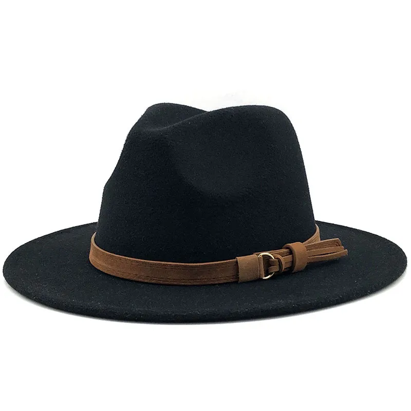 Petit chapeau transfrontalier Simple église chapeau daim ceinture laine chapeau Style britannique Fedora large bord femmes automne et hiver