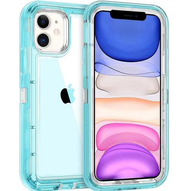 3 em 1 casos de telefone transparentes à prova de choque para iphone 15 14 Pro Max 13 12 11 Xs Max Xr X Samsung Galaxy S24 Ultra Armor Hard PC Protective Shell