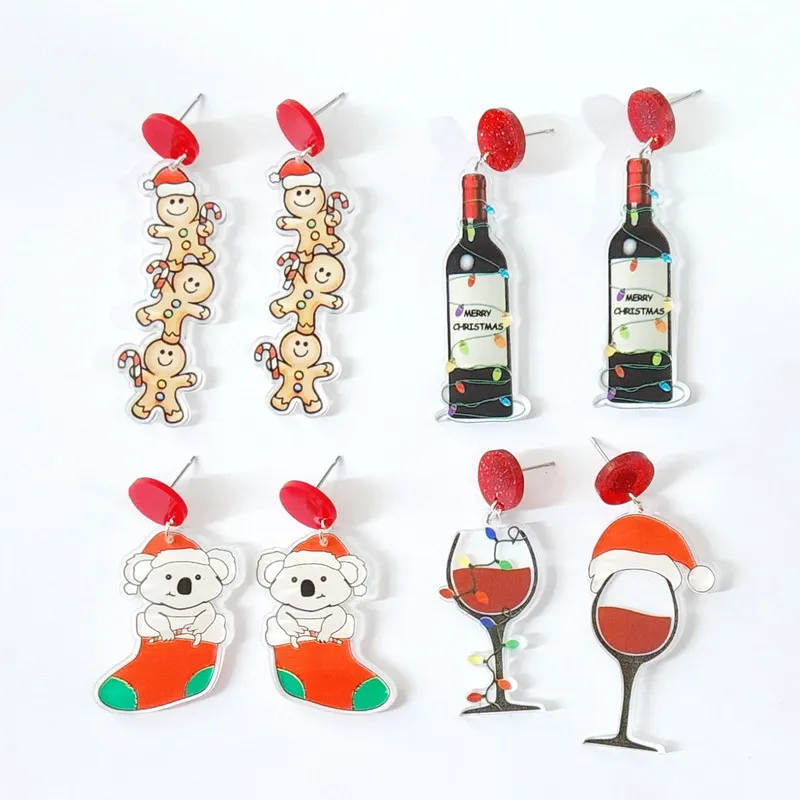 Mignon balancent boucles d'oreilles de noël acrylique boucle d'oreille chaussettes bouteille de vin noël décorations de noël cadeaux pour femmes filles