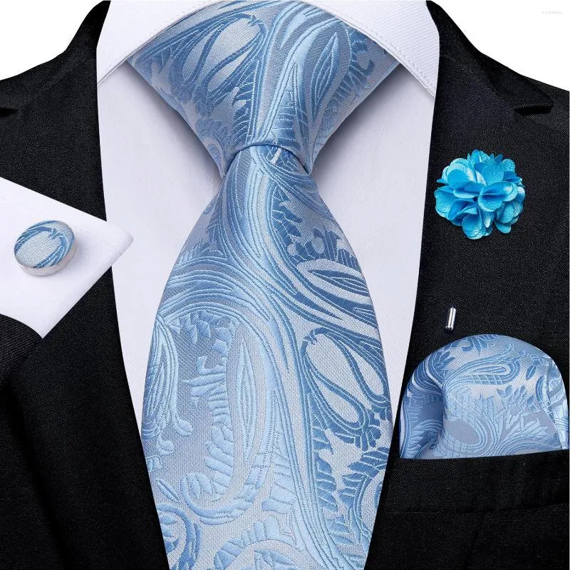 Fliege Hellblau Paisley Seide Für Männer Hochzeit Krawatte Set Einstecktuch Manschettenknöpfe Brosche Pin Geschenk der Männer Großhandel Drop
