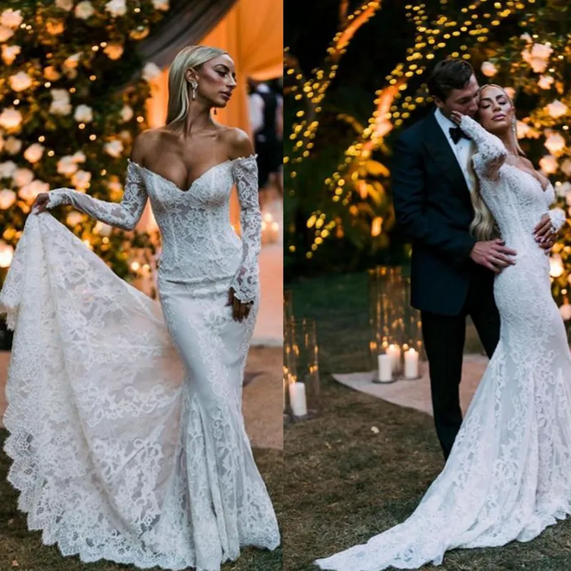 2023 Gorgeous Sleeve Lace Mermaid Wedding Dresses Long Dubai African Petite Natural Slin Fishtail Off-Shoulder Train Bridal Gowns 328 328