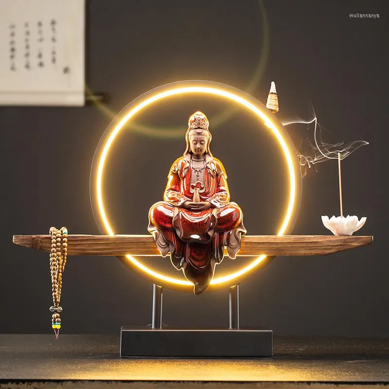 Doftlampor guanyin bodhisattva staty backflow rökelse brännare hållare med 20 st kottar kinesisk stil keramisk zen led belysning dekoration