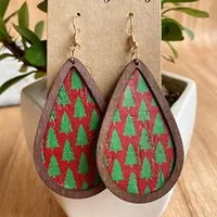 Stud Christmas Wooden Frame Earrings Lattice Striped Stars Retro Exaggerated Personality Style Jewelry