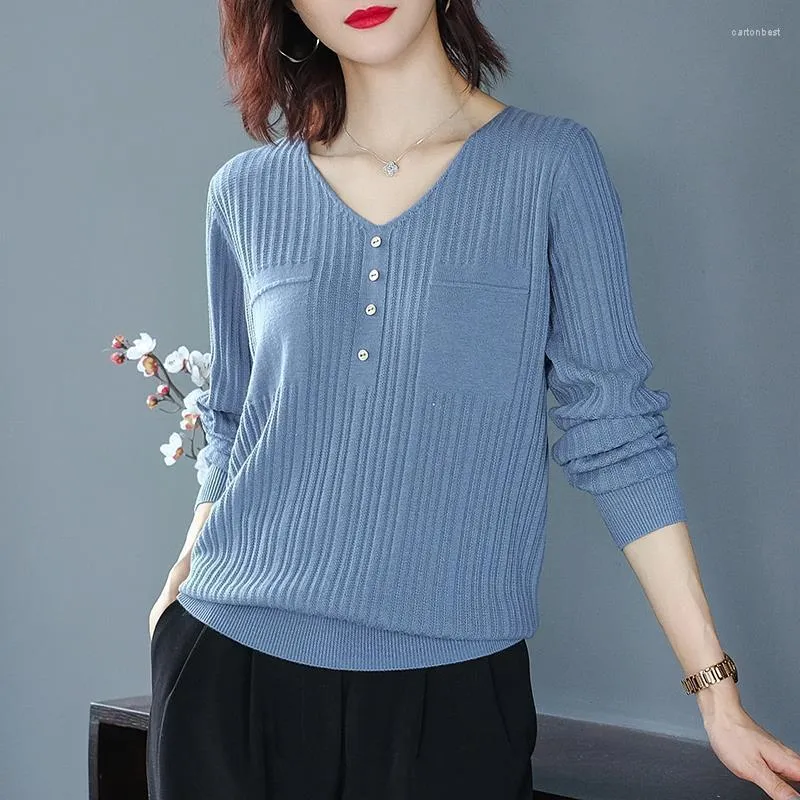 Women's Sweaters Women's Korean Style V-neck Short Knit Tops Women Casual Loose Big Size Pullover Elegant Solid Color Knitwear Blue