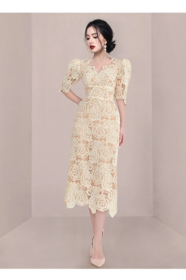 Urban Sexy Dresses Summer Elegant Hollow Out Floral Embroidery Lace Dress Women Puff Sleeve V Neck Bow Water Soluble Evening Party Midi Vestidos 2023