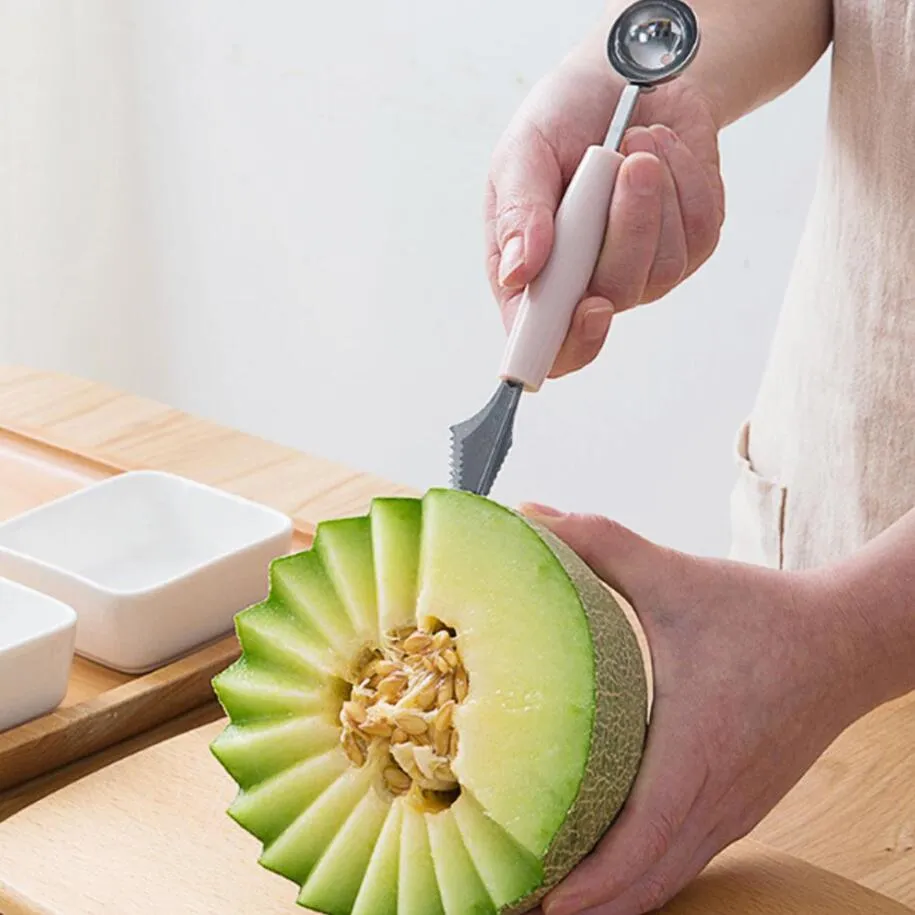 Outils de cuisine 2 en 1 acier inoxydable couteau à fruits légumes anti-dérapant Melon Baller cuillère plateau cuillère accessoires maison Gadgets