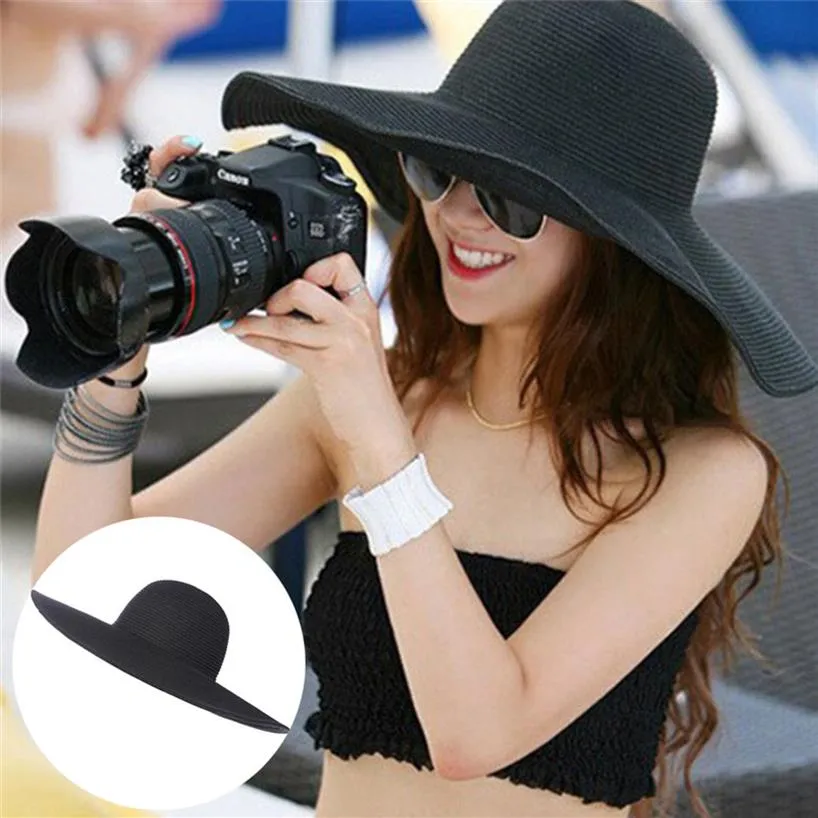 여름 모자 여성을위한 여름 모자 Chapeau Femme Sun 모자 해변 밀짚 모자 대형 넓은 챙 검은 리본 활 인상 뼈 암컷 Cap337w
