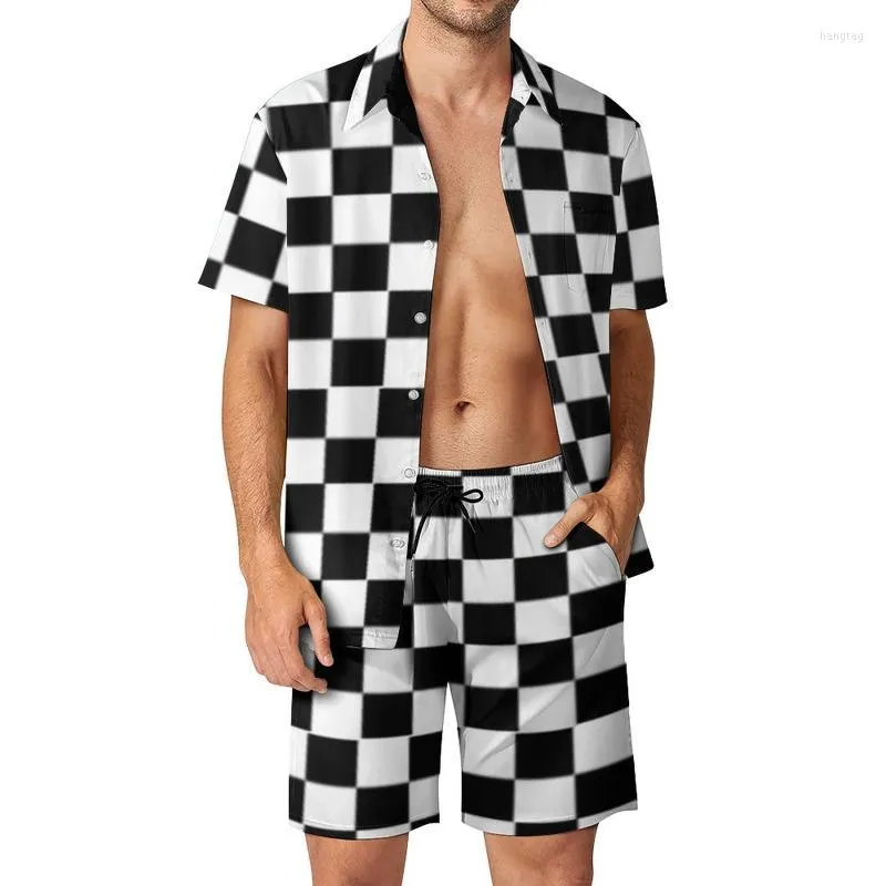 Men's Tracksuits Men's Black White Plaid Men Sets Checkerboard Print Hawaiian Casual Shirt Set Short Sleeve Shorts Summer Beach