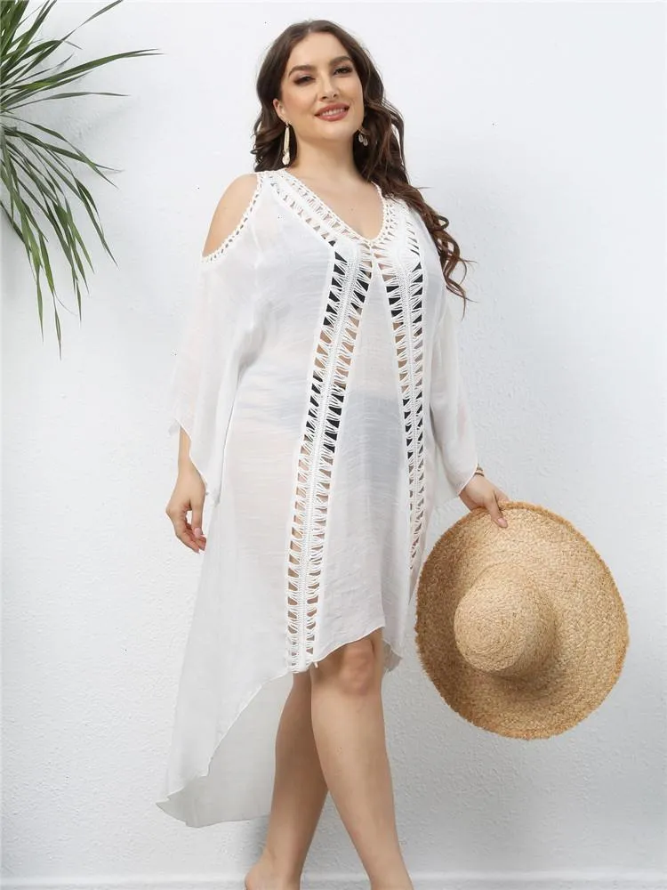 플러스 사이즈 여성 비치 드레스 맥시 트렌드 스타일 비키니 커버 업 흰색 크로 셰 뜨개질