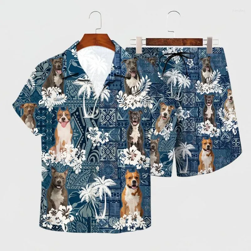 Herrspårar herrskjorta Summer American Staffordshire Terrier Hawaiian Set 3D Tryckt Hawaii Beach Shorts Män för kvinnor rolig hund