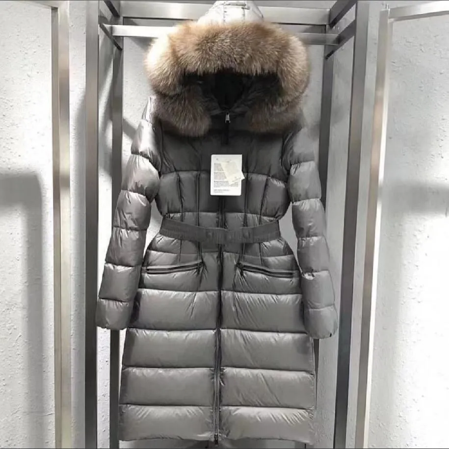 Women Real Fox Fur Hooded Down Coat X Long Loose Thick Warm Double Zipper Drawstring With Belt Jacket Waterproof Parkas Gray 2024 Winter Outerwear