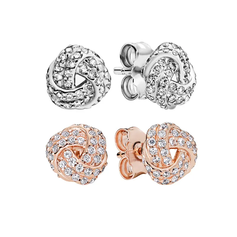 Розовые золотые блестящие узел серьги CZ Diamond Women Wedding Party Jewelry для Pandora Real Sterling Silver Grives Designer Sergrings с оригинальной коробкой