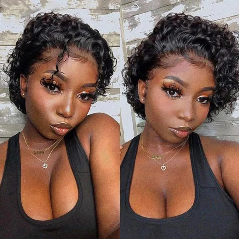 Pixie Cut Wig Short Bob Curly Lace Frontal Human Human Transparent Front for Women Deep Wave