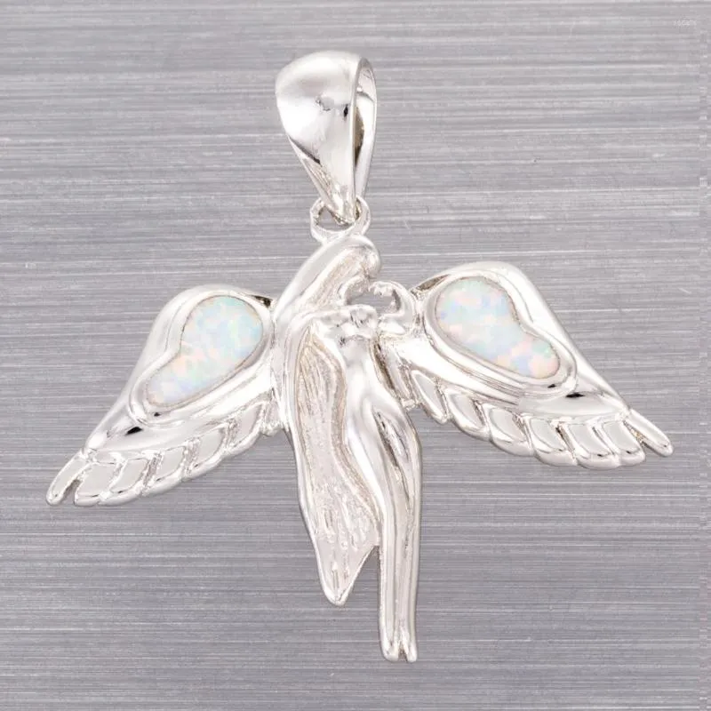Colares pendentes Kongmoon Guardian Angel White Fire Opal Silver Batined Jóias para Mulheres Colar