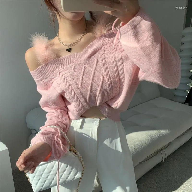 Suéteres femininos 2022 Sweater Sweet Sweater Sexy Off ombro Lace Lace Up Jumper Temperamento Elegante Candy Color Lantern Sleeve