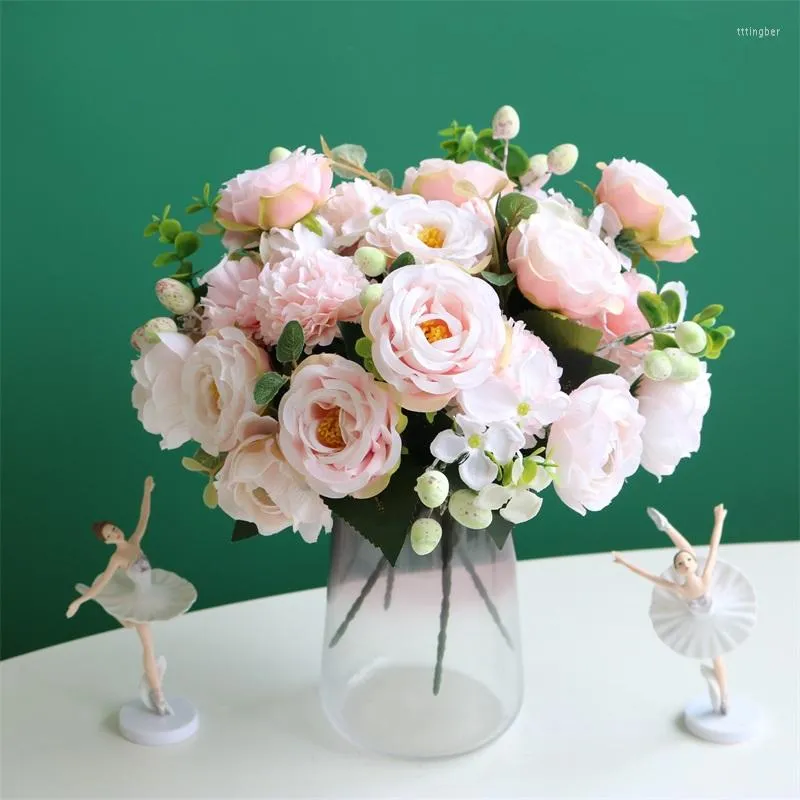 장식용 꽃 100% 브랜드 5 갈래 장미 이슬 로터스 시뮬레이션 꽃 홈 모델 룸 웨딩 장식