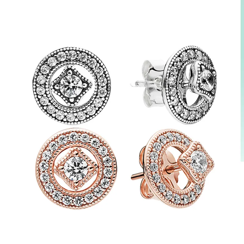 Rose Gold Vintage Circle Stud Earrings 925 Sterling Silver Women Wedding Jewelry For pandora CZ diamond round Earring with Original Box