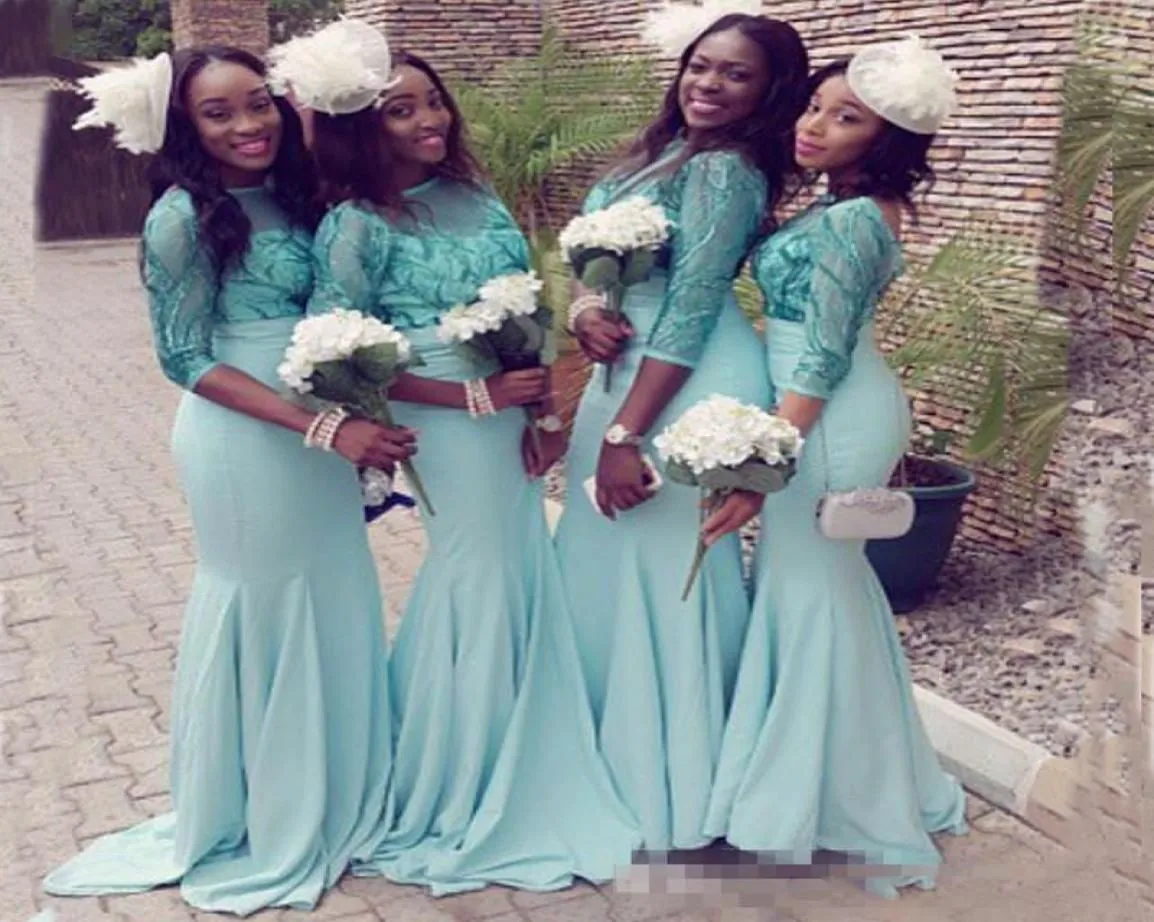 2023 Mint Green Bridesmaid Dresses Jewel Neck with 3/4 Long Sleeves Floor Length Sequins Applique Chiffon Beach Wedding Guest Gowns Plus Size Custom Made