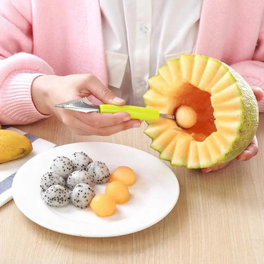 2 in 1 dual-head fruit schep keukengereedschap roestvrijstalen meloen schep baller snij mes fruit graven ijs lepel snijgadgets