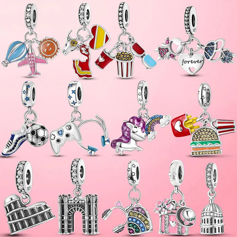 925 Perle di fascino d'argento ciondolano il viaggio Torre Eiffel Unicorno ciondola il branello Pandora Charms Bracciale Accessori gioielli fai da te