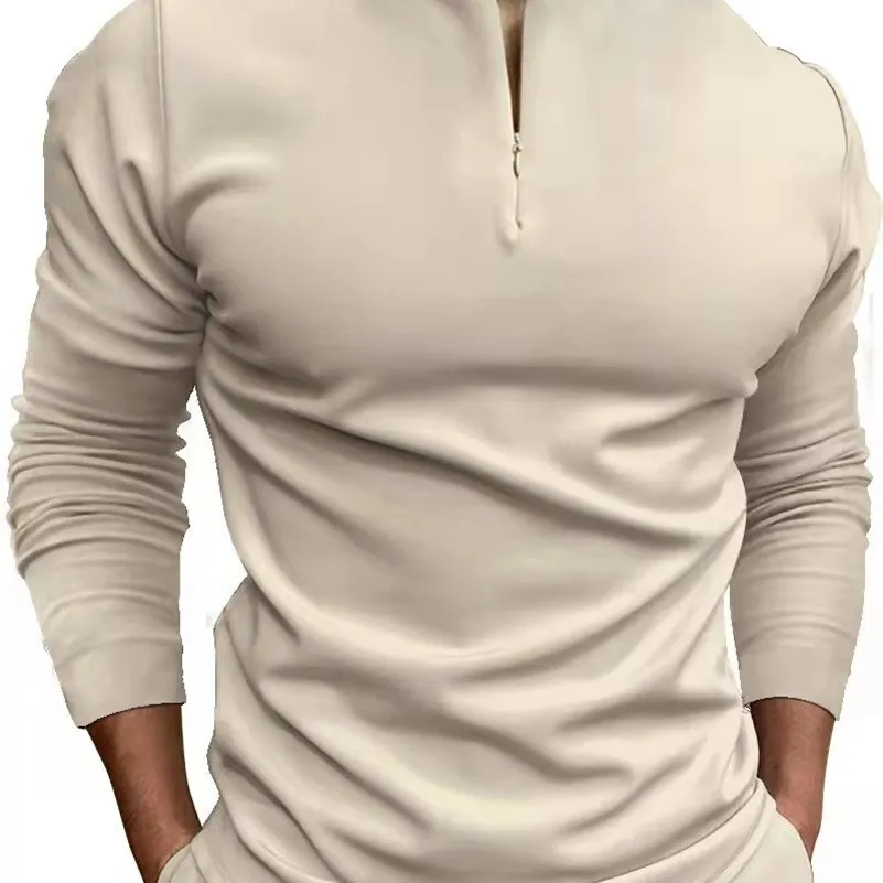 Herrpolos casual polo skjorta khaki kragefri långärmad dragkedja design topp harajuku men streetwear mode s3xl 220902