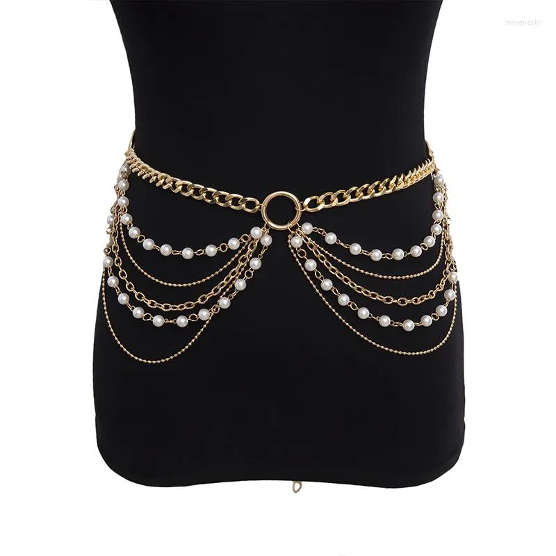 Belts Women's Artificial Pearl Metal Waist Chain Luxury Banquet Dress Chains Gold Color Multi-layer Decorative