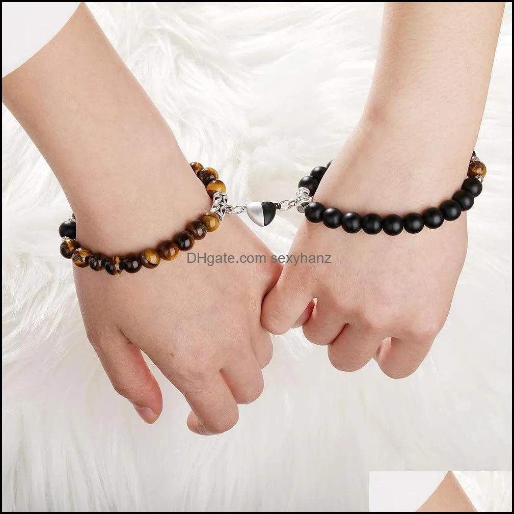 Charm Bracelets Coeur Magnétique Snap Charms Amoureux Couple Bracelet Perles De Pierre De Lave Bracelets Unisexe Distance Correspondant Braclet Valenti Dhvxr