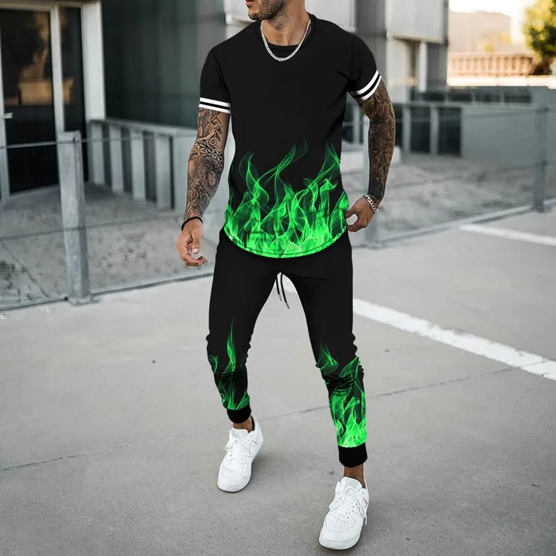 Men's Tracksuits Summer 2 Piece Sets Sport Tshirts Joogers Men's Tracksuit Colored Flame Pattern 3D Printed Short-sleeved T-shirt