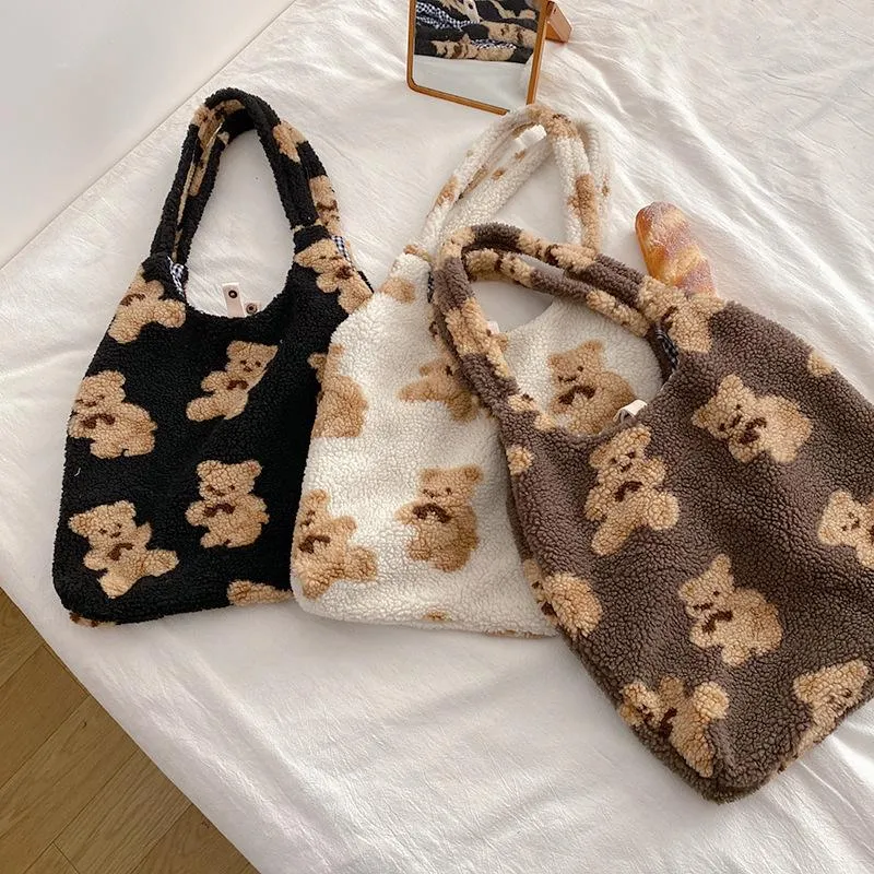 Evening Bags Soft Plush Shoulder Bag Women Tote Large Capacity Cartoon Bear Shopping Female Double Sided Elegant Design Handbags