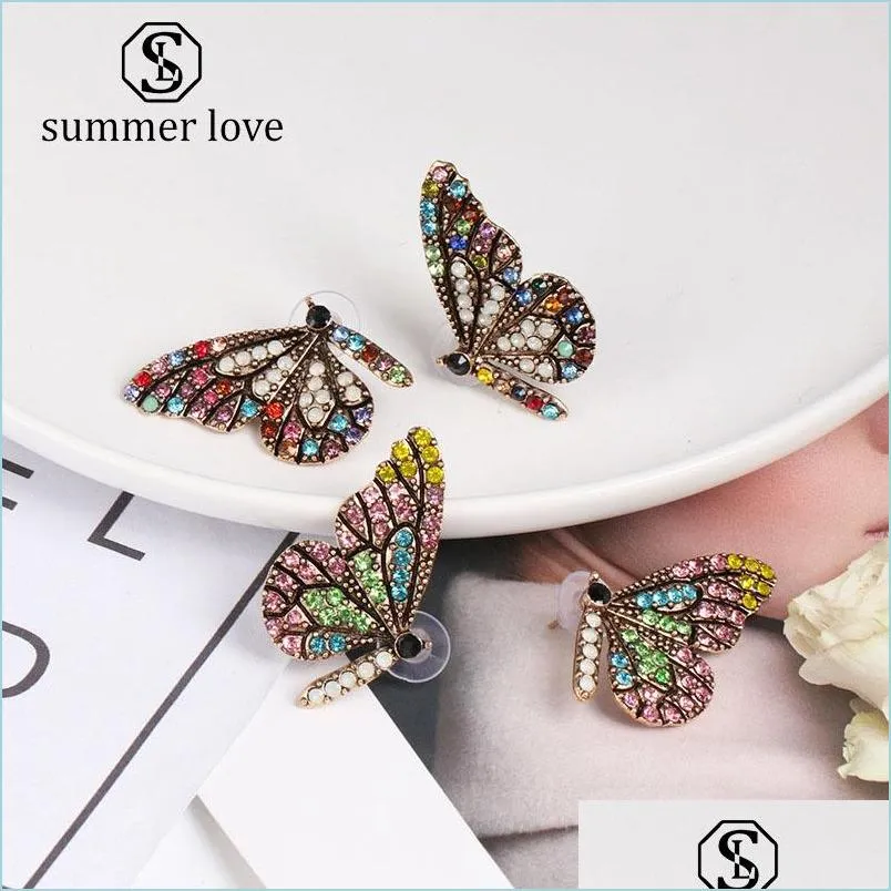 Stud Butterfly Wing Stud Boucle d'oreille pour femmes élégantes Colorf Crystal Ear Nail Simple Tempérament Plaqué Or Bijoux Cadeau Drop Lulubaby Dhyhi