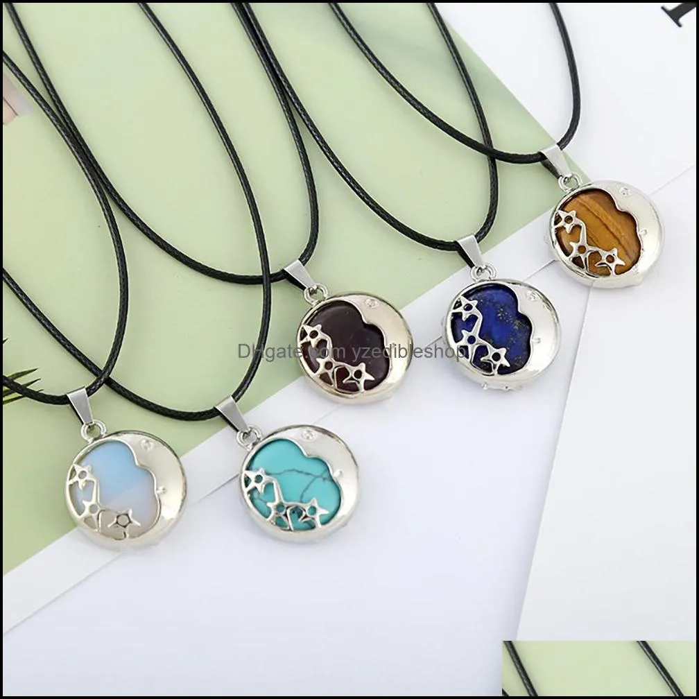 Pendant Necklaces Natural Gemstone Moon And Star Pendant Necklace Sier Alloy Round Shape Charm Jewelry Unisex Amethyst R Dhseller2010 Dhsq8