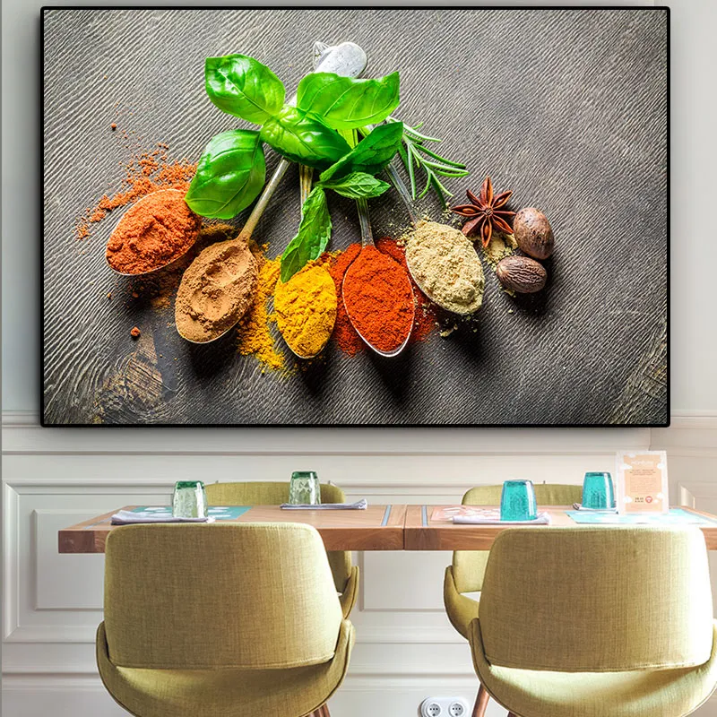 Tuval boyama tahılları baharat kaşık yeşil bitki mutfak cuadros posterler ve baskılar duvar sanatı yemek resmi oturma odası ev dekor
