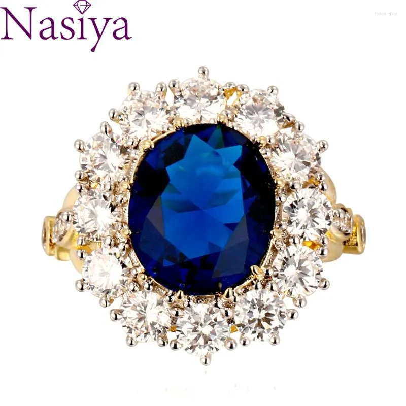 Anneaux de mariage Nasiya Design Romantique Bague de luxe Couleur dorée avec 10x12mm Big Oval Sapphire Gemstones Fashion Fine Bijoux en gros