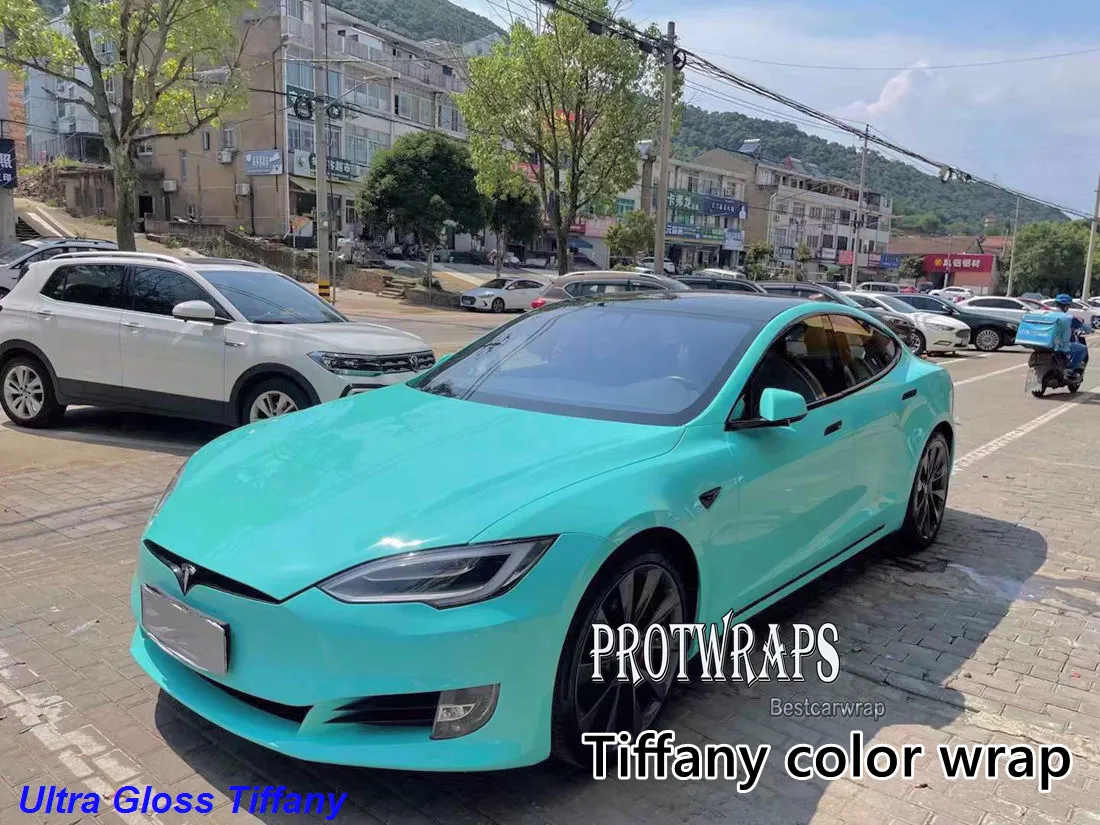 Premium Ultra Gloss Tiffany Color Vinyl Wrap Sticker Hele auto Inpakbekleding Film met luchtafgifte Initiële lage tack Lijm Self Adhesive Foil 1.52x20m 5x65ft