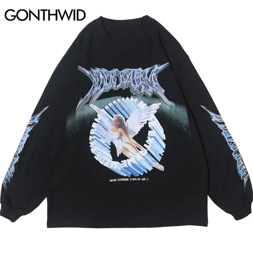 T-shirts pour hommes GONTHWID Creative 3D Angel Print T-shirts à manches longues Streetwear Hip Hop Hipster Casual Loose T-shirts Hommes Mode Tops 220902