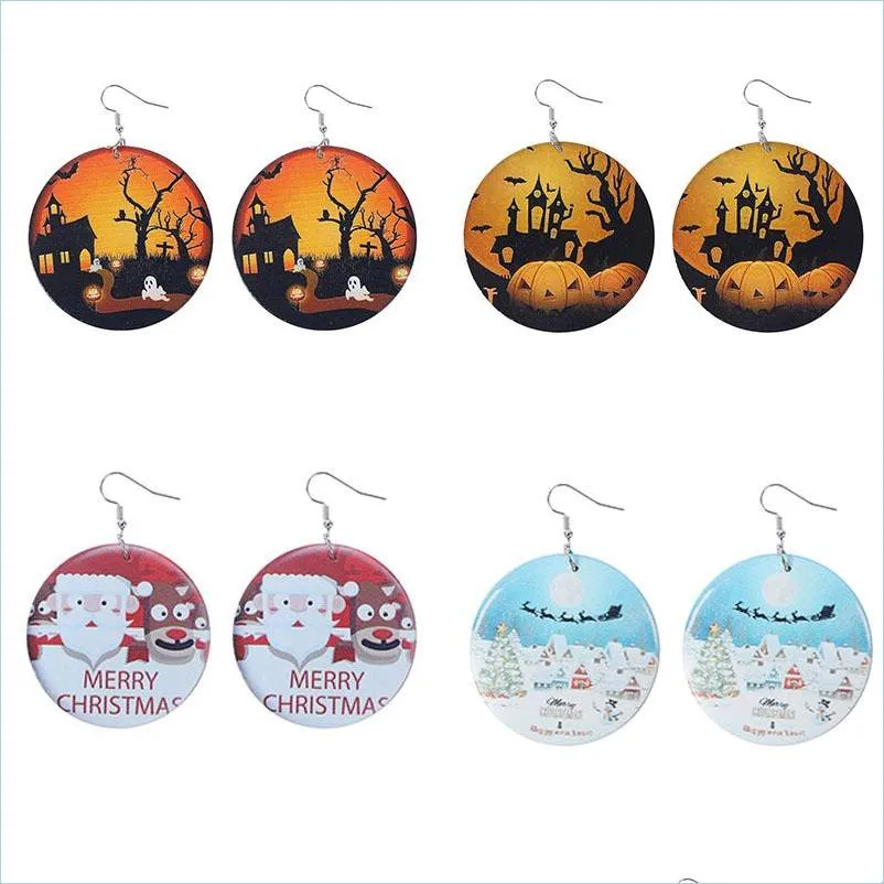 Dangle Chandelier Christmas Halloween Wooden Metal Dangle Earrings For Women Girls Round Pumpkin Spider Skls Snowman Print Sexyhanz Dhx05