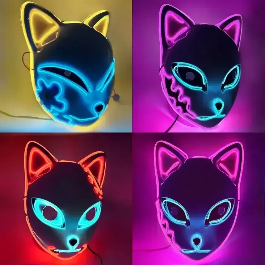 2022 LED Parlayan Kedi Yüz Maskesi Serin Cosplay Neon Demon Slayer Fox Maskeleri Doğum Günü Hediyesi Karnaval Partisi Masquerade Cadılar Bayramı