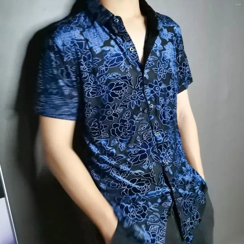 Camisas casuais masculinas 2022 EMBOIDERY FLOR AZUL BLAT Top Men de alta qualidade Party Plus Size Designer Fashion Sexy Short Sleeve Shirt