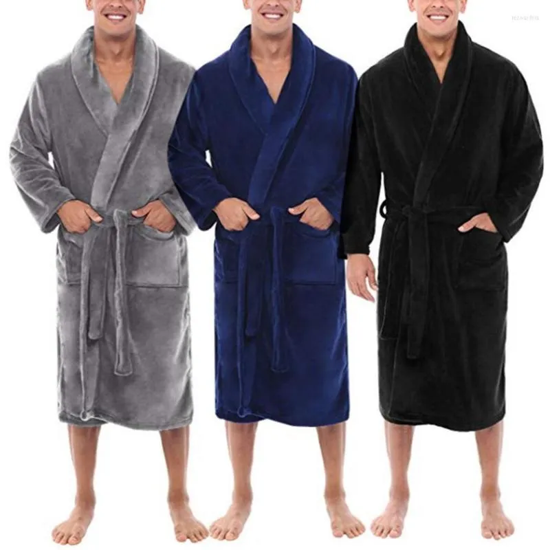 Vêtements de nuit pour hommes hommes col châle polaire couleur unie longue Robe de bain maison Robe porter des pyjamas barboteuses vêtements de nuit en coton