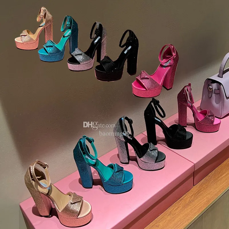 rhinestone sandals Luxury Designers womens 4.5cm platform heel dress shoes Classic triangle buckle Embellished Ankle strap 14.5CM high Heeled women sandal 35-41