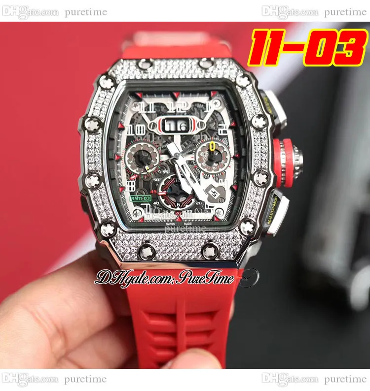 2022 11-03 A21J Automatisk herrklocka stålfodral diamanter Bezel Skeleton Dial Big Date Red Crown Rubber Strap 8 Styles Watches Puretime E5