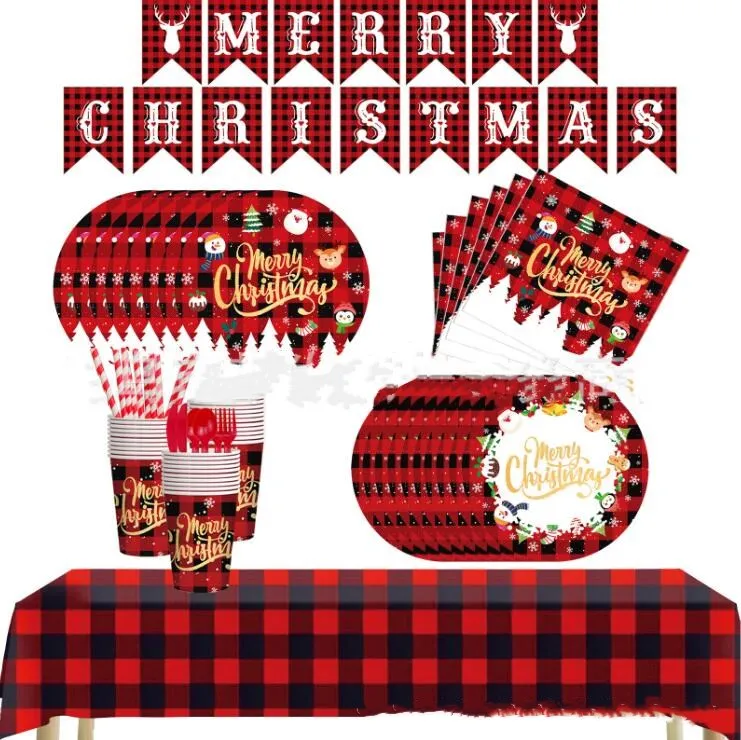 Ensemble de vaisselle jetable pour fête de noël, motif de père noël rouge amusant, assiette, tasse, serviette, décor de joyeux noël, faveur pour enfants