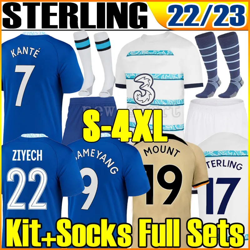 S-4XL Sterling Mount CFC Soccer Jerseys Au Ba Me Yang 22 23 Fansspeler Havertz Kante Werner Pulisic Ziyech 2022 2023 Men Kit Socks Full Sets voetbalshirt Top